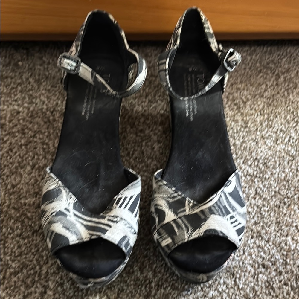Toms Black and White Heels with Ankle Straps